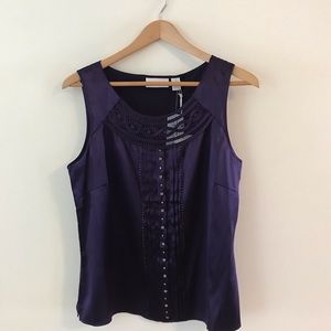 Chico’s NWT silky pleat shell in purple w diamond embellishments and lace neck